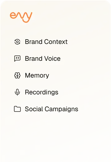 EVY sidebar showing Brand Context, Brand Voice, Memory, Recordings, and Social Campaigns