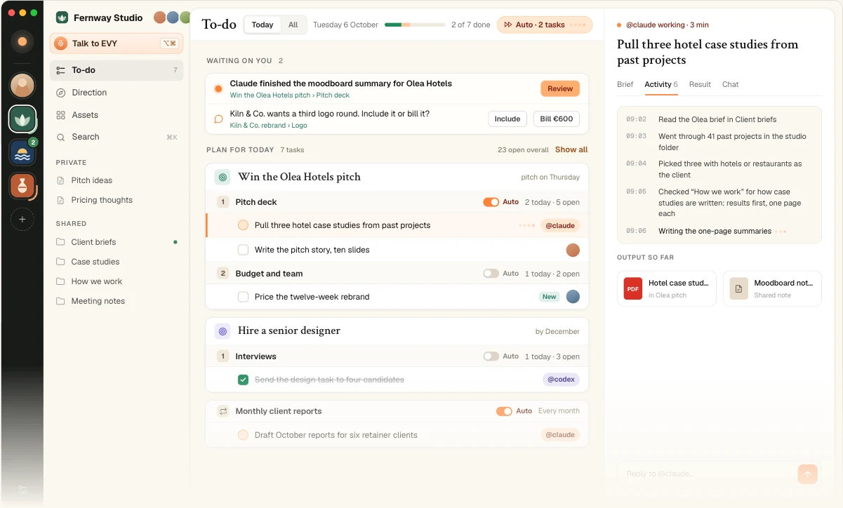 The EVY desktop app: a design studio's To-do, with Claude working on a pitch task and its activity log on the right